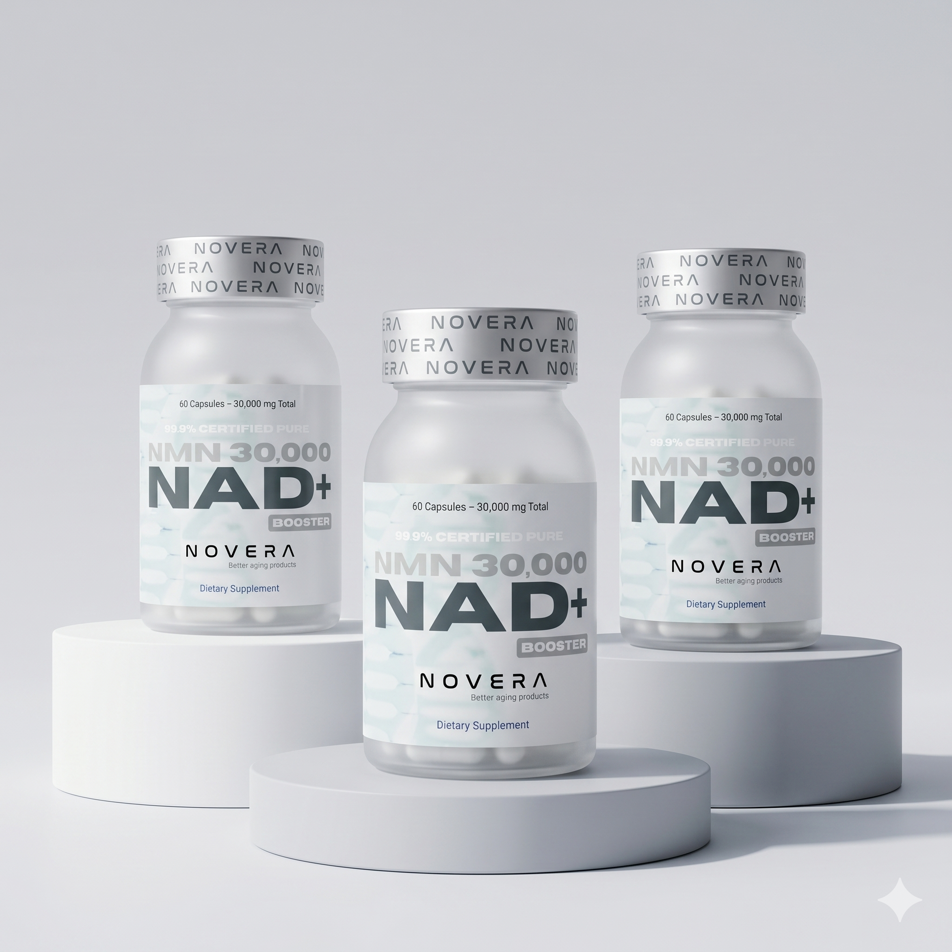 Three white supplement bottles labeled NOVERA NMN 30,000 NAD+ BOOSTER are arranged on white and light gray display pedestals against a clean light gray studio background.